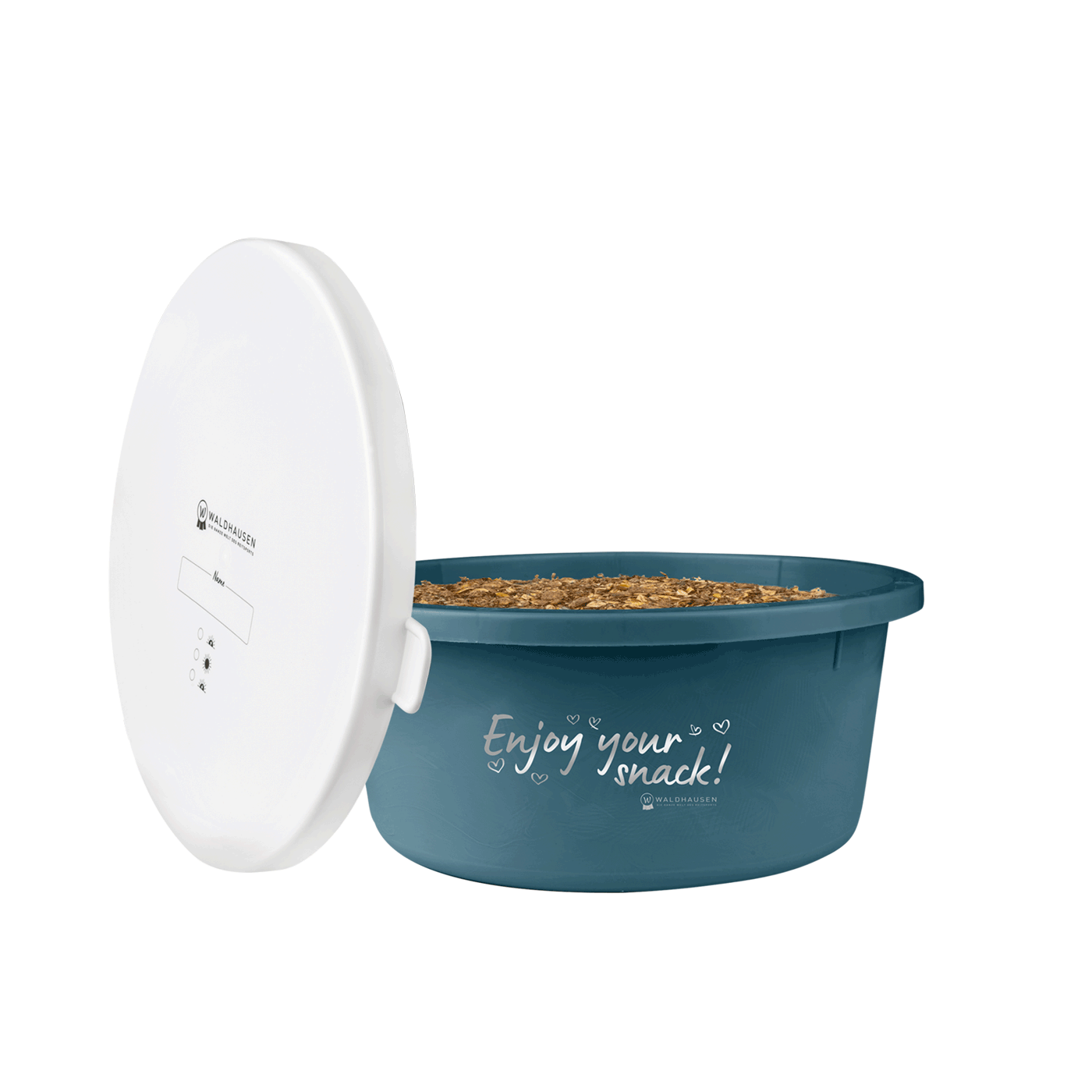 Waldhausen Small Feeding Bowl "Enjoy Your Snack" With Lid #colour_petrol-blue