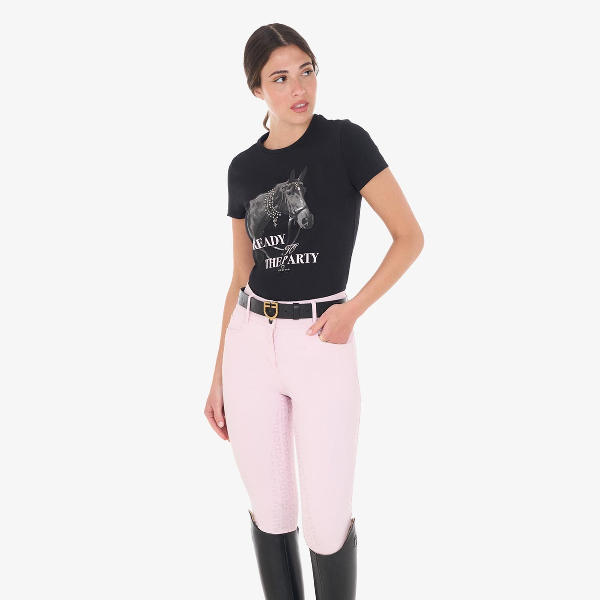 Equestro Women's Slim Fit Cotton T-Shirt Ready To Jump Print With Rhinestones #colour_black