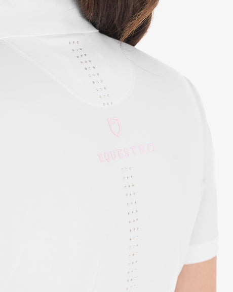 Equestro Women's Slim Fit Competition Polo Shirt With Ruffles And Rhinestones #colour_white-pink