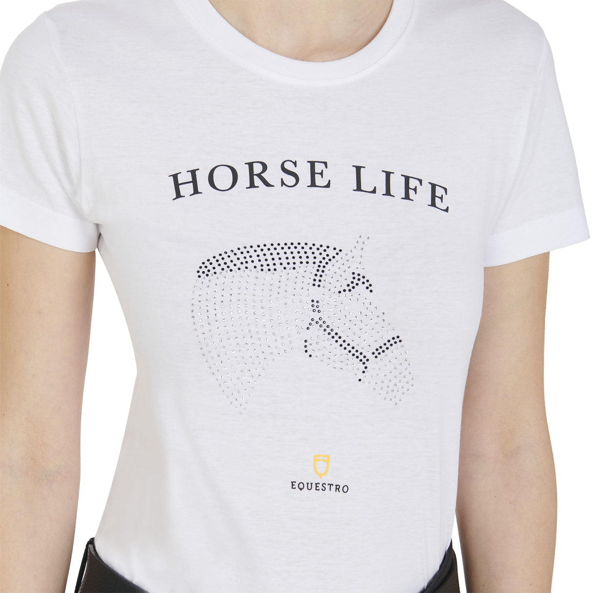 Equestro Women's Slim Fit T-Shirt Horse Life With Rhinestone #colour_white