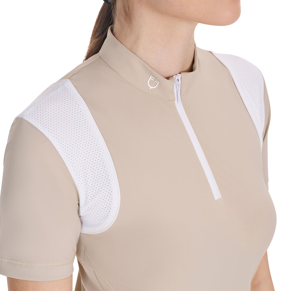 Equestro Women's Slim Fit Training Polo Shirt with Mesh Inserts #colour_beige