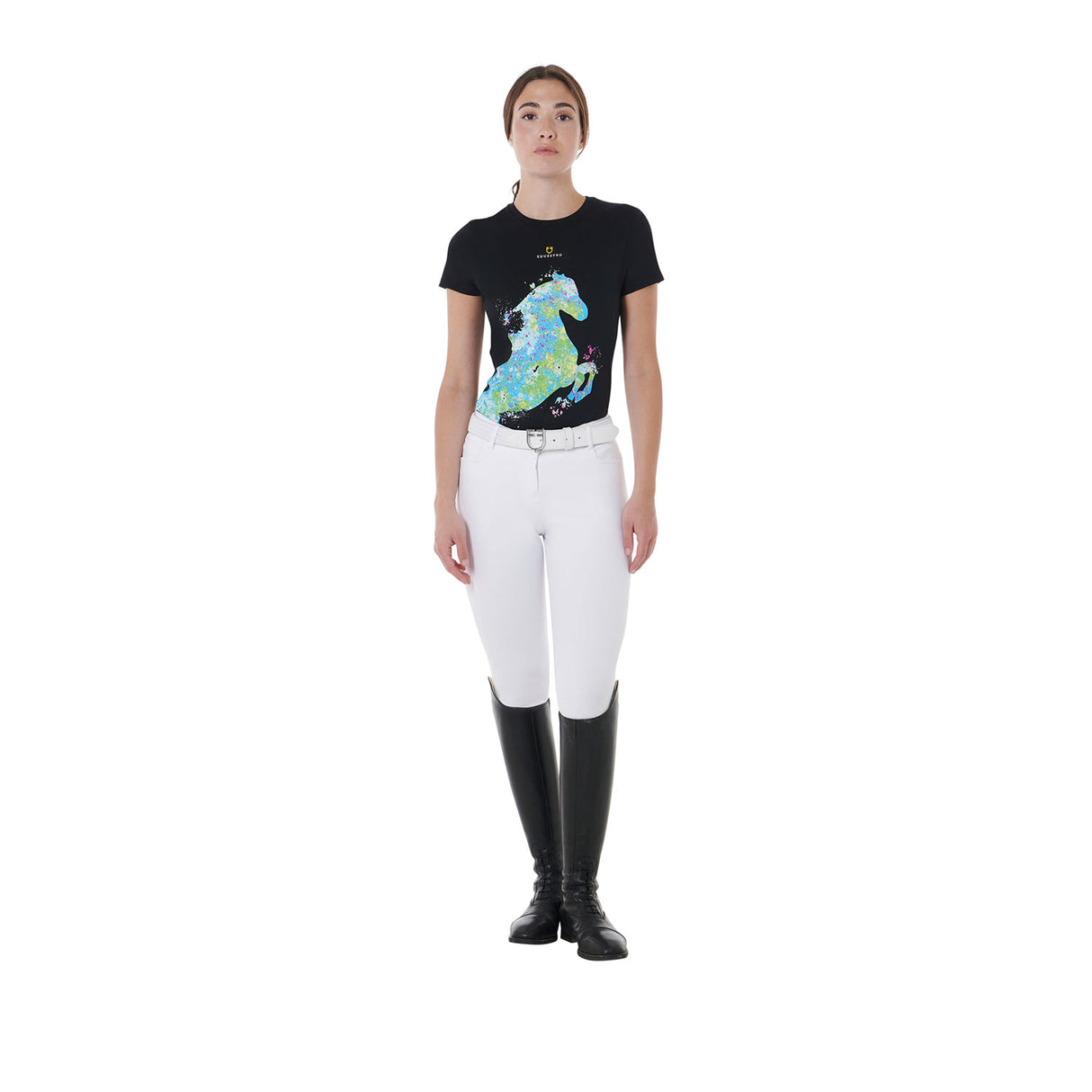 Equestro Women's Slim Fit T-Shirt With Abstract Horse Print #colour_black