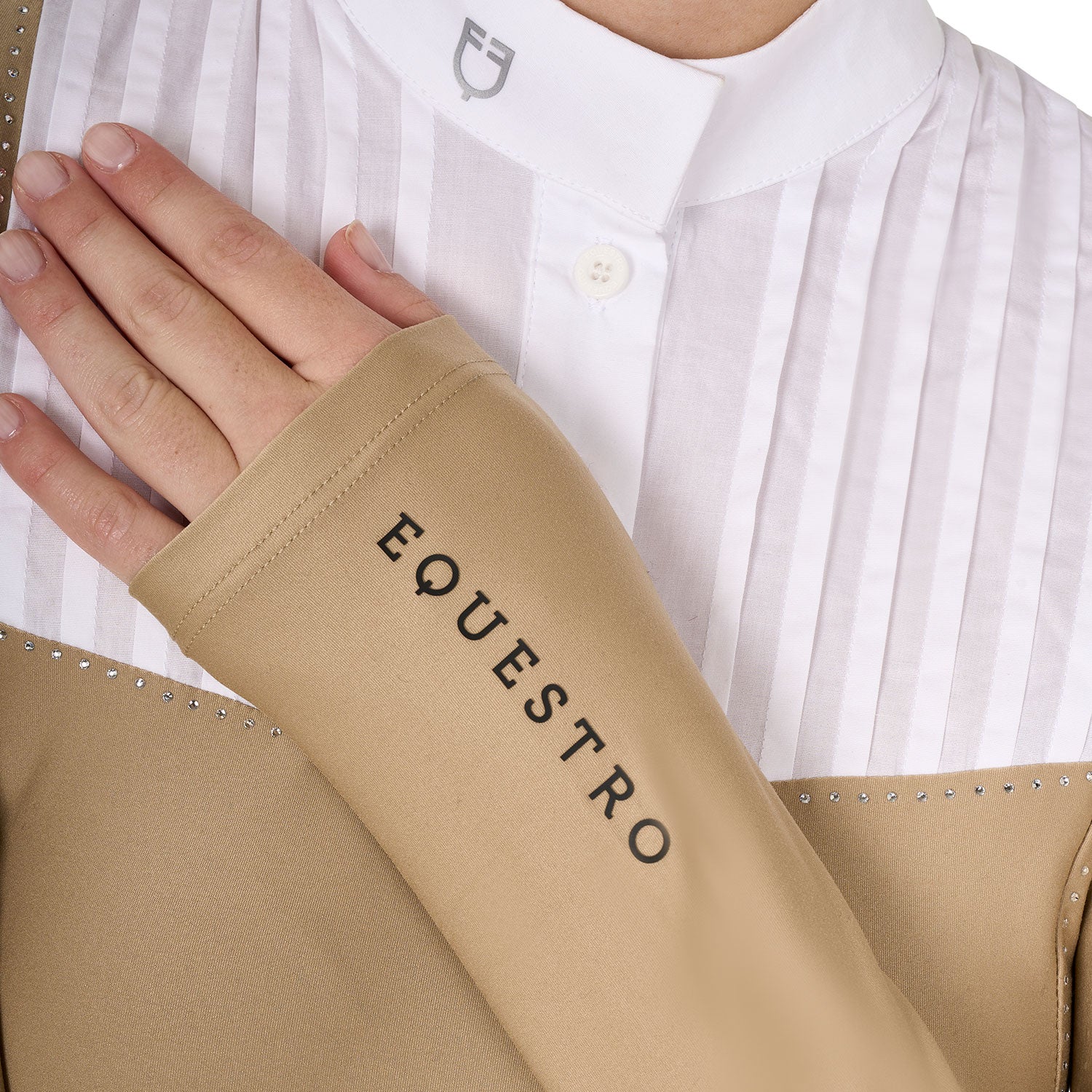 Equestro Women's Slim Fit Competition Polo Shirt Rhinestones #colour_beige