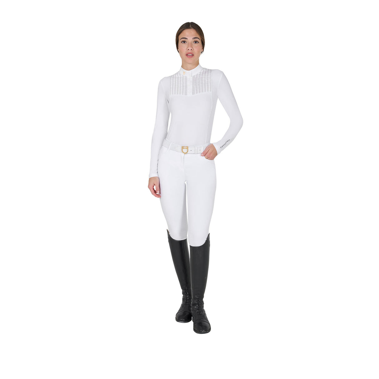 Equestro Women's Slim Fit Competition Polo Shirt Rhinestones #colour_white