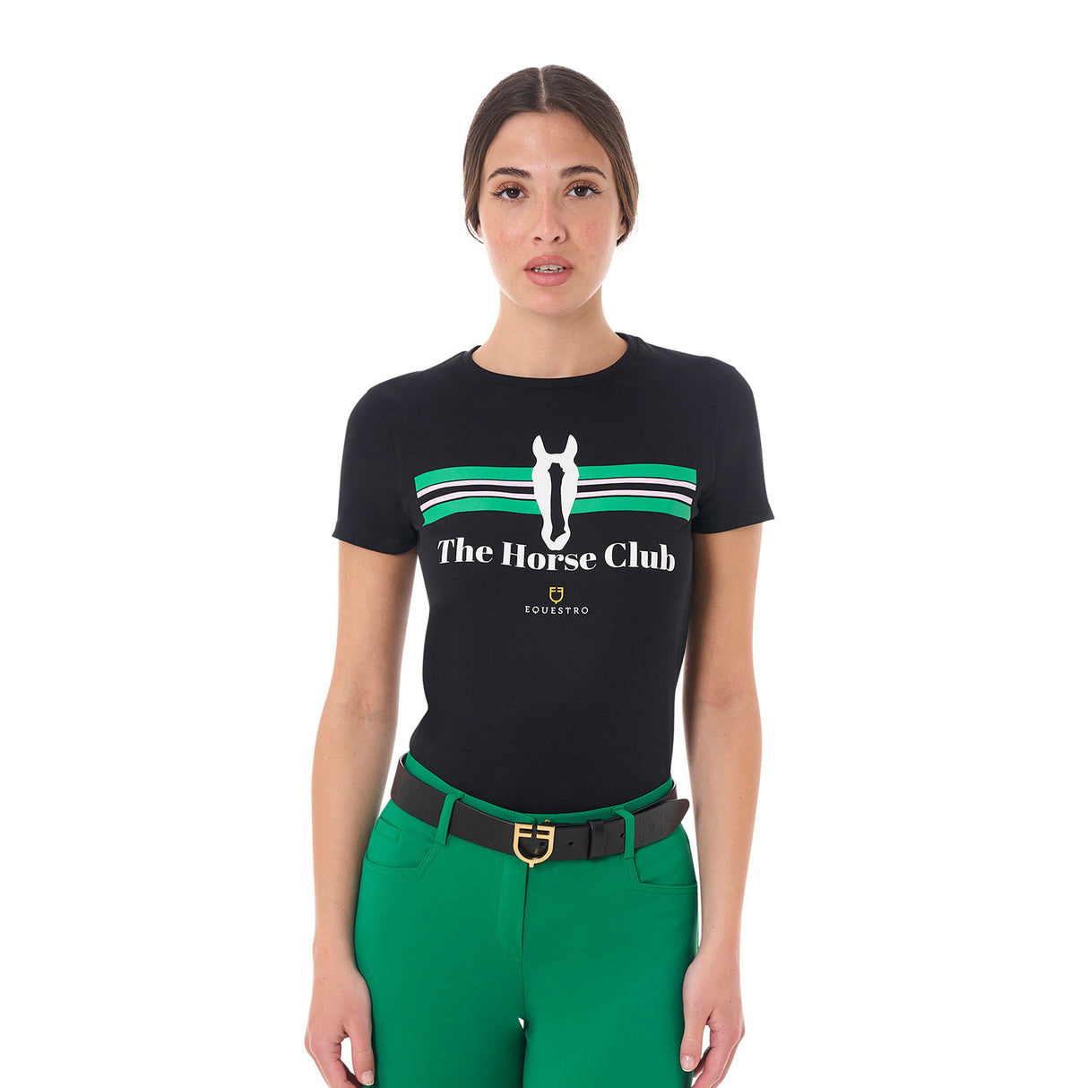 Equestro Women's Stripe Horse Club Cotton T-Shirt #colour_black