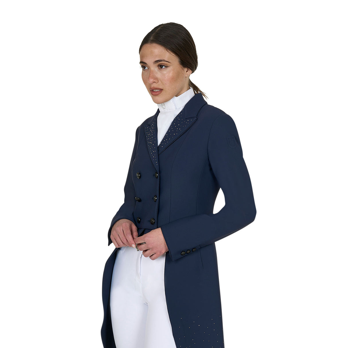 Women's tailocoat in technical fabric with rhinestones