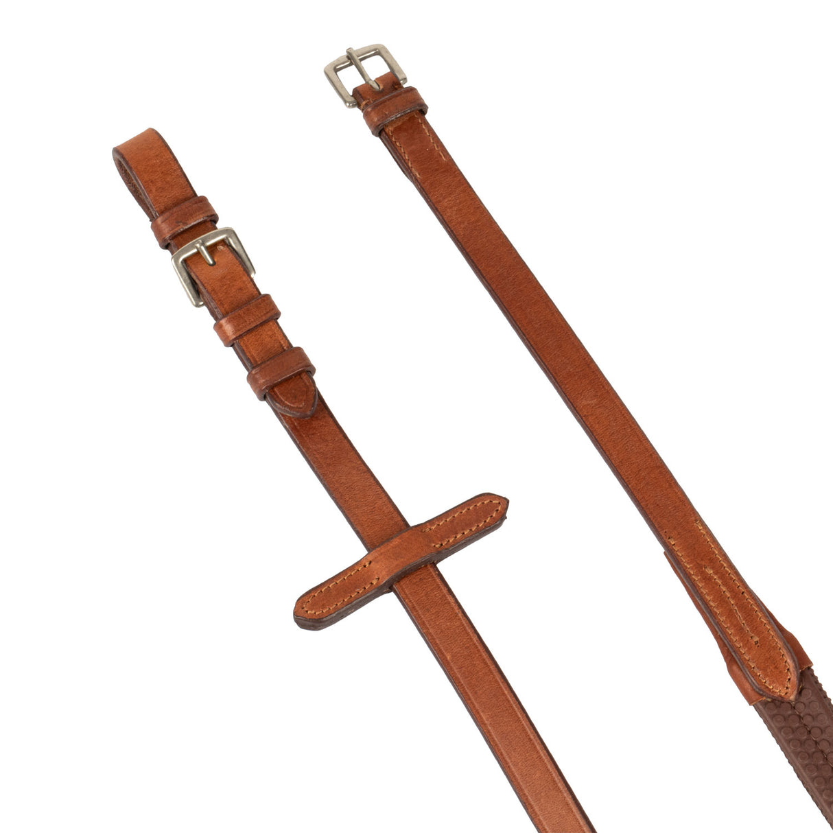 Equestro Leather And Rubber Reins Silver Fitting (1.6Cm) #colour_cognac