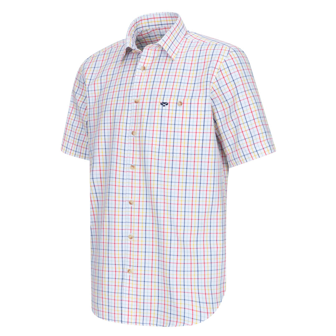 Hoggs of Fife Kessock Men's Short Sleeve Tattersall Shirt #colour_red-yellow-check