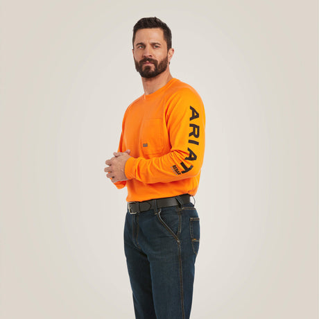 Ariat Men's Rebar Cotton Strong Graphic Long Sleeves T-Shirt - Safety Orange/Black