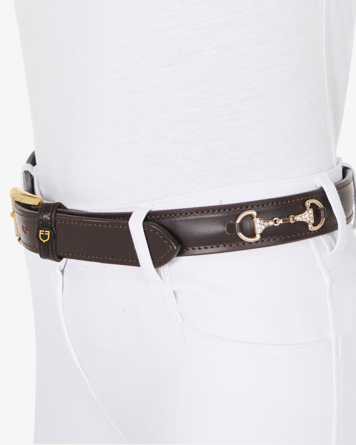 Equestro Leather Belt With Snaffle Bits And Rhinestones #colour_brown-gold