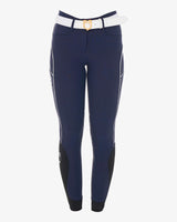 Equestro Women's Slim Fit Breeches With Knee Grip #colour_blue-white