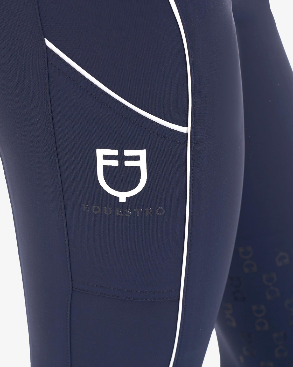 Equestro Women's Slim Fit Breeches With Knee Grip #colour_blue-white