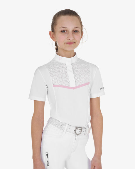 Equestro Girls' Slim Fit Competition Jacket With Chest Perforated Inserts #colour_white-pink