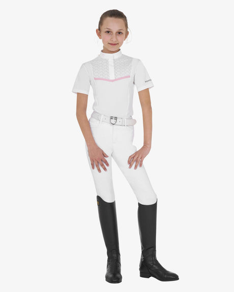 Equestro Girls' Slim Fit Competition Jacket With Chest Perforated Inserts #colour_white-pink