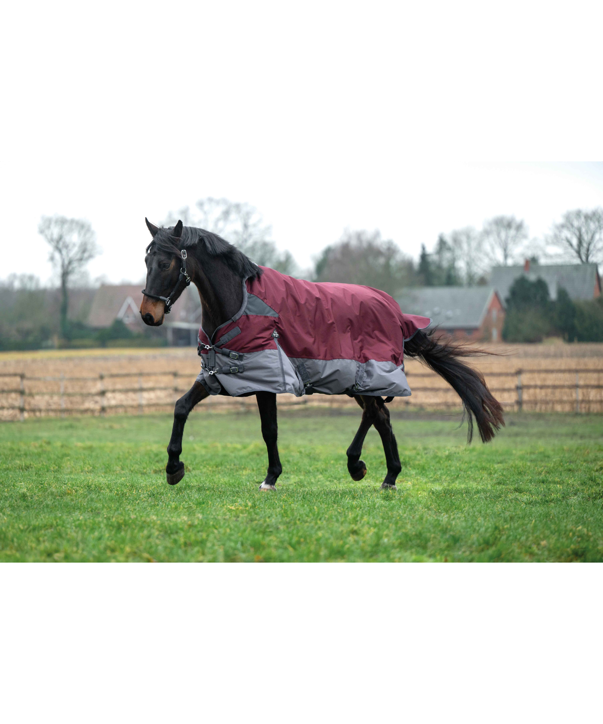 HKM 600D 200g High Neck Turnout Rug -Yukon- #colour_dark-red-grey