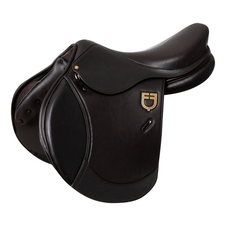 Equestro Earth Jumping Saddle In Double Leather With Embossed Logo #colour_brown
