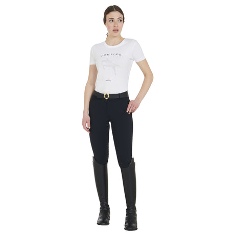 Equestro Women's Slim Fit T-Shirt Jumping With Rhinestone #colour_white