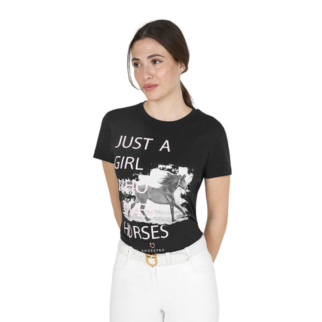 Equestro Women's Horse Lover Cotton T-Shirt #colour_black
