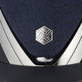 Charles Owen Hyda Sparkly riding hat in Navy Gloss/Chrome, close-up of the sparkly top, chrome trim and crown badge