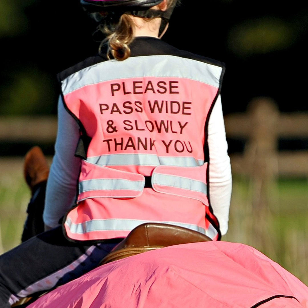 Equisafety Please Pass Wide and Slow High Visibility Vest #colour_pink